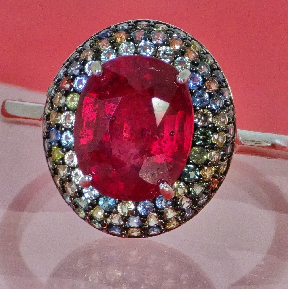 925 Sterling Silver Ring with Natural Ruby 10x8mm & Sapphire Gemstones